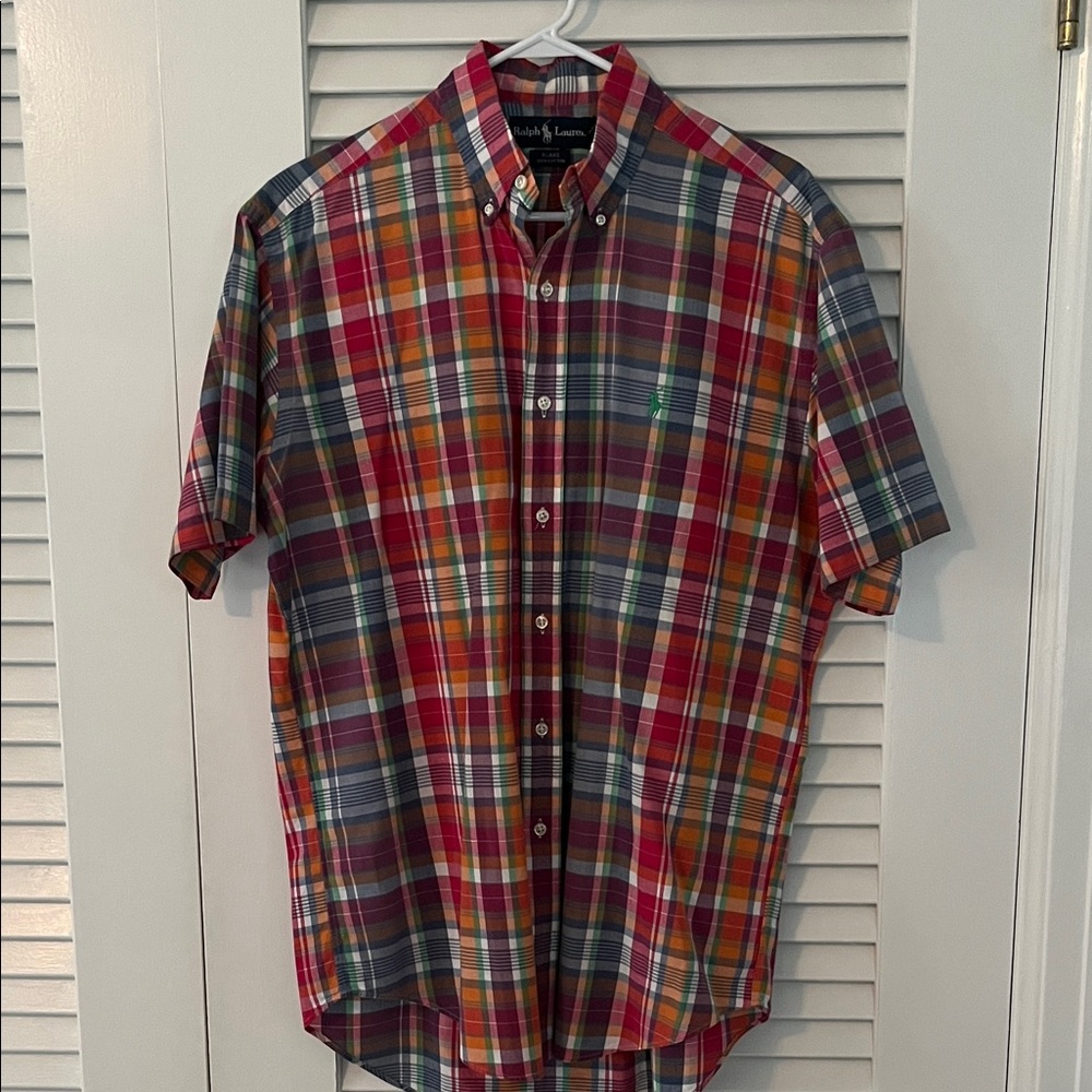 Ralph Lauren Men's Red and Blue Plaid Shirt  - Medium